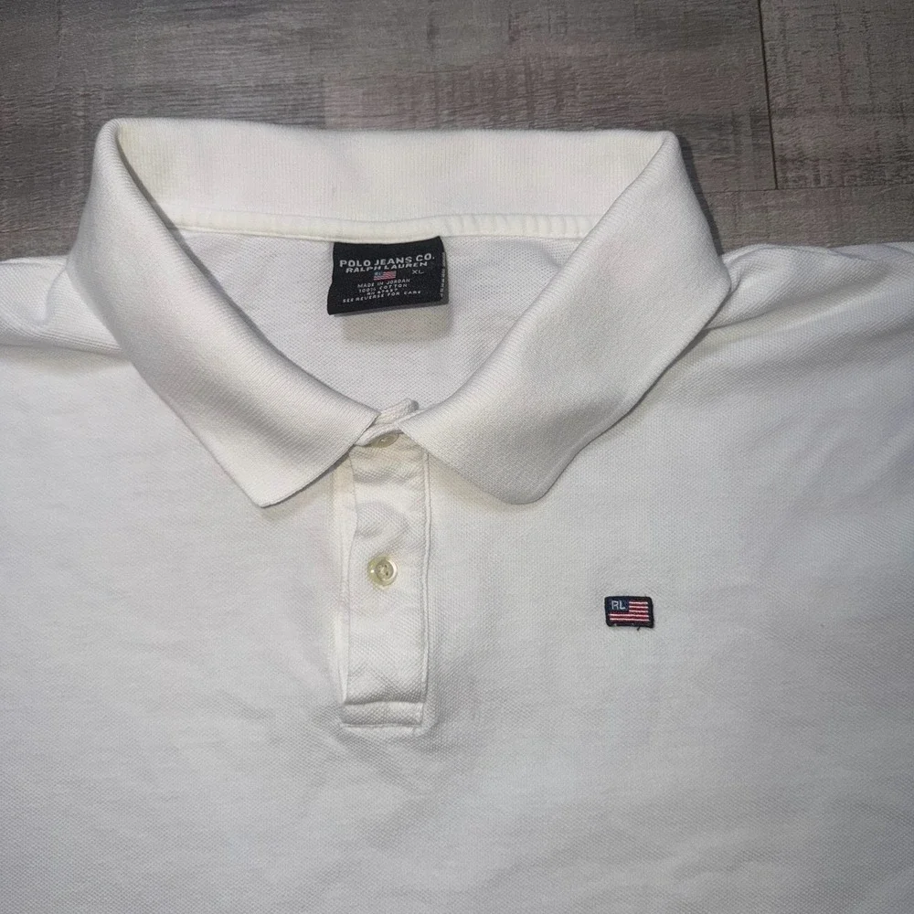 Vintage 90s Ralph Lauren Polo Jeans Co Polo Shirt Size L White Short Sleeve